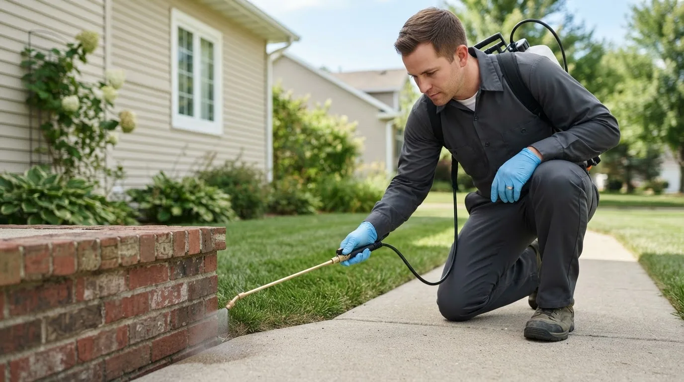 Pest control technician treating a home near Lansing, MI